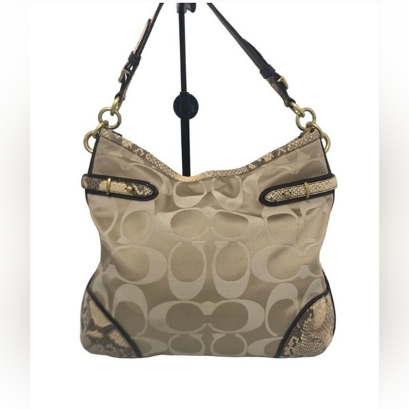 Coach Colette Signature Beige Sateen Python Leather Hobo Bag #16408 - Picture 3 of 15